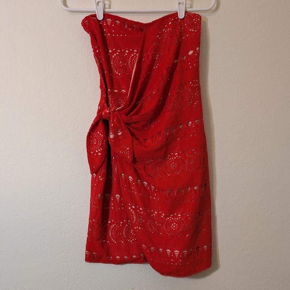 Free People Oceanside Red Coral Eyelet Lace Strapless Mini Dress Small